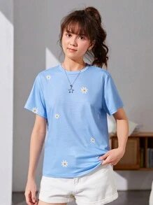 Holiday,Summer,TravelFlower Printed Short Sleeve T-Shirt, Teen Girls' Casual Vacation Wear