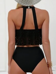 Swim Lushoire 夏季海滩镂空荷叶边高腰比基尼 - 黑色 - 查看 2