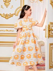 SHEIN Tween Girl's Loose Fit Casual Round Neck Bubble Sleeve Dress - Gold - View 3