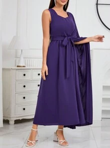 Modelyn 纯色宽松休闲连衣裙，心形领口，优雅晚会礼服长款晚礼服 - 紫色 - 查看 3