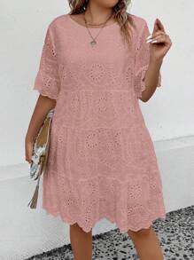 EMERY ROSE Váy xòe thêu viền ren cổ tròn tay ngắn cỡ lớn cho nữ, mùa hè - Bụi hồng - Xem 5