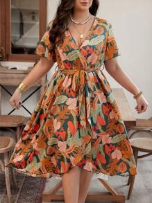 SHEIN Holidaya Vestido envolvente de talla grande con estampado de hojas, conjunto de vestir de mujer largo - Multicolor - Ver 4