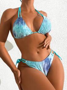 SHEIN Swim Conjunto de bikini de dos piezas con hombros de teñido anudado para damas, para la playa de verano - Multicolor - Ver 4