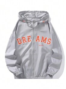 Men's Letter Print Zip Up Drawstring Hooded Jacket - Light Grey - View 1