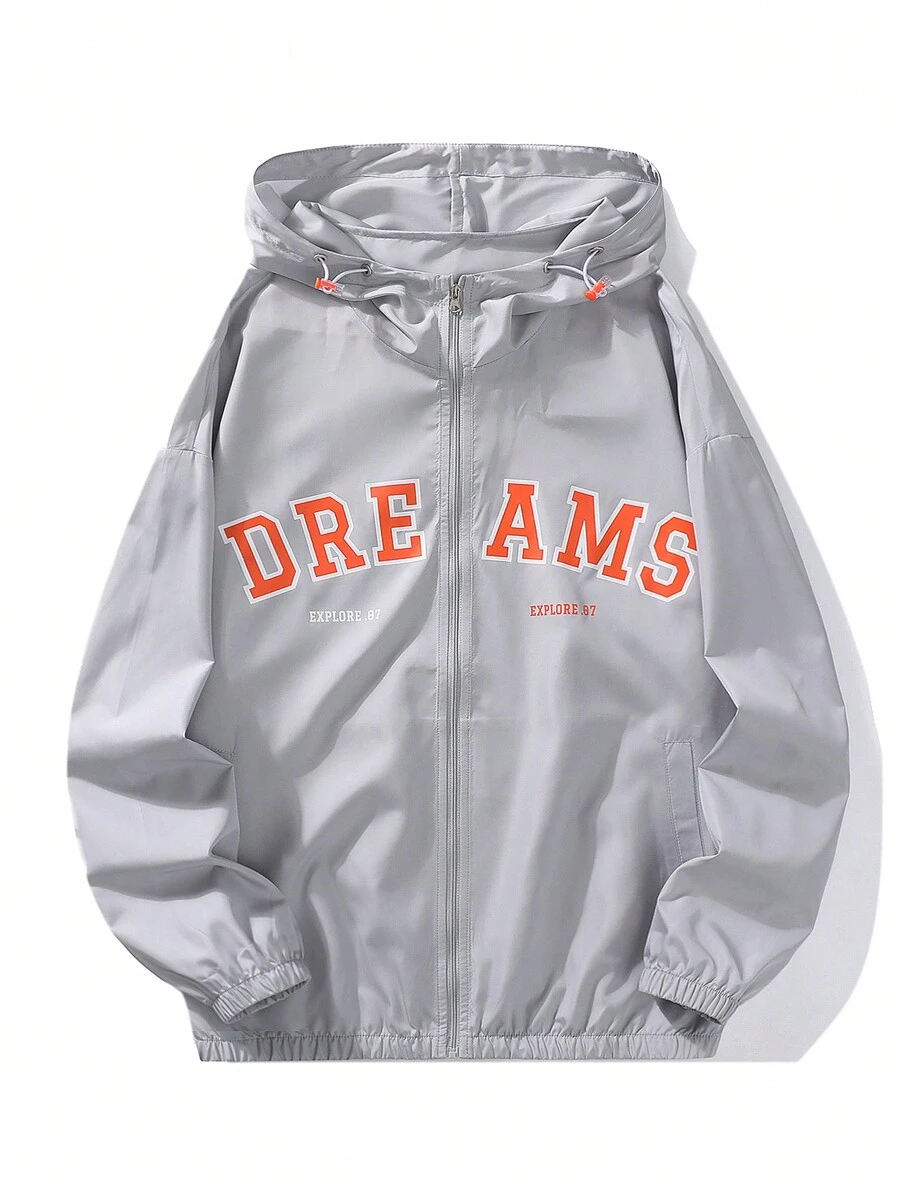 Men's Letter Print Zip Up Drawstring Hooded Jacket - Light Grey - View 1