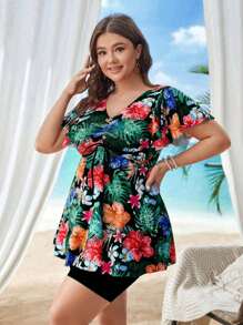Swim Lushoire Kích thước lớn Bản in nhiệt đới Cổ chữ V Dây rút Xù Áo bơi Bộ - màu đen - Xem 6