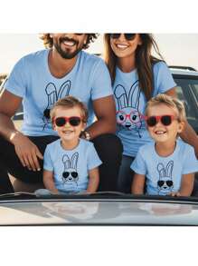 Manfinity RebelGame Nam lễ Phục sinh Thỏ in Phù hợp Ngắn tay Áo thun Gia đình Quần áo , Xanh - Màu xanh bụi bặm - Xem 1