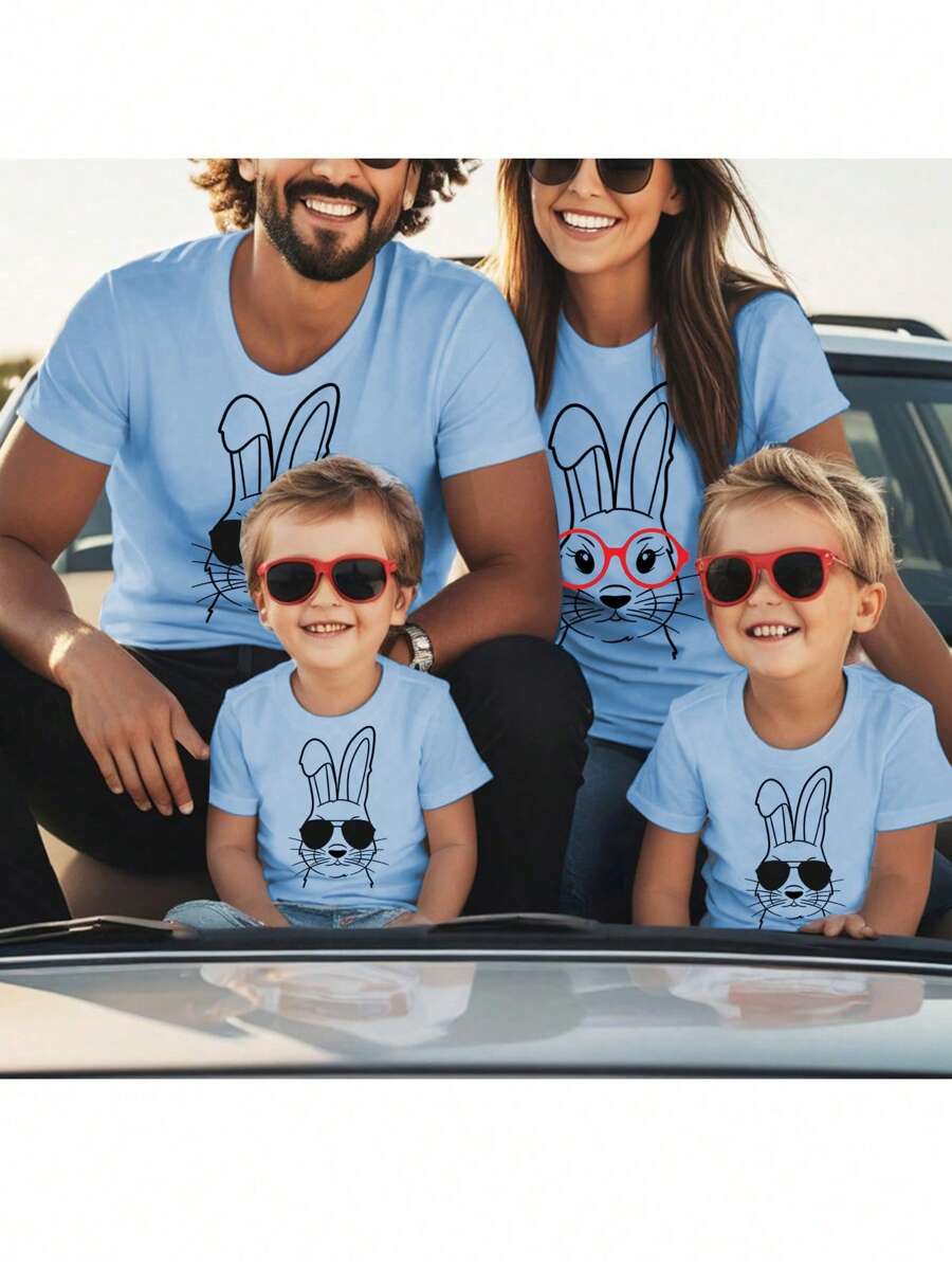 Manfinity RebelGame Nam lễ Phục sinh Thỏ in Phù hợp Ngắn tay Áo thun Gia đình Quần áo , Xanh - Màu xanh bụi bặm - Xem 1