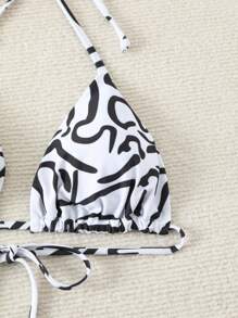 SHEIN Swim Women's Summer Beach Halter Neck Bikini Top - Black and White - View 5