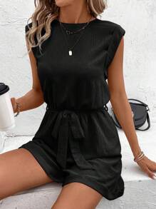 EMERY ROSE Màu thuần Textured Giải trí Áo liền quần Với Nghiêng Túi - màu đen - Xem 4