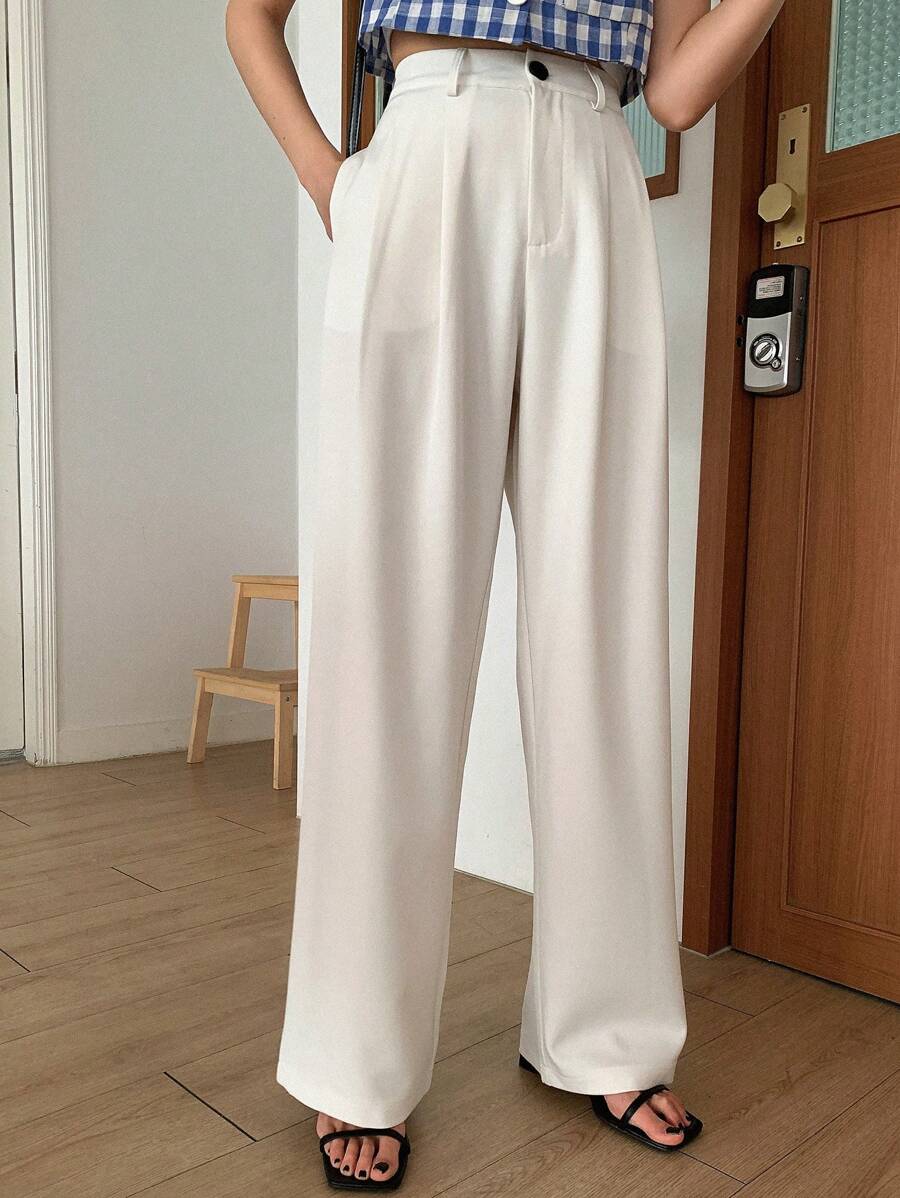 DAZY 女士百褶直筒休闲商务办公裤、女士正装裤、秋季返校服 - 白色 - 查看 1