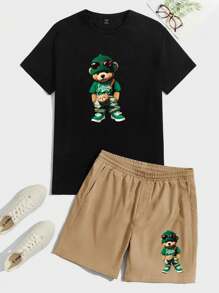 Manfinity EMRG Heren gebreide getailleerde stijl beer bedrukt korte mouwen T-shirt en geweven shorts set, uitgaan, grappig, vrienden heren straatkleding heren grafische T-shirts