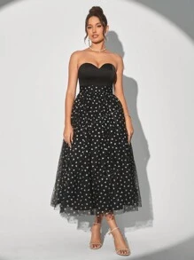 SHEIN Belle 優雅無肩帶心形拼接透明網格a字裙女士雞尾酒派對連衣裙 - 黑色 - 查看 4