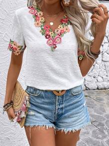 Breezaya Thêu hoa Kết cấu Ngắn tay Áo sơ mi - trắng - Xem 1