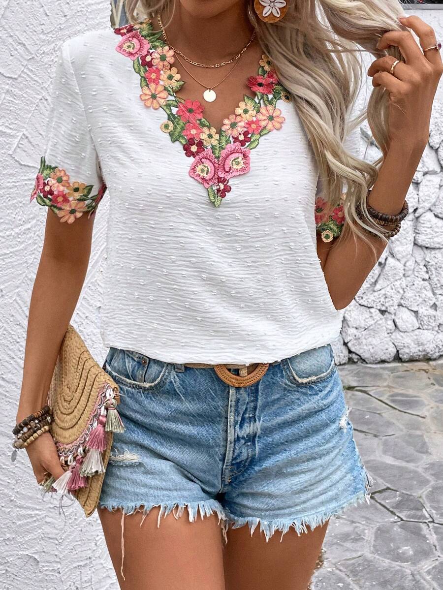 Breezaya Thêu hoa Kết cấu Ngắn tay Áo sơ mi - trắng - Xem 1