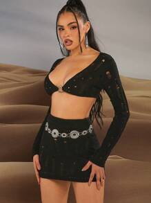 Hauture Rách Đan Liên kết Bộ đồ trên và váy - màu đen - Xem 4