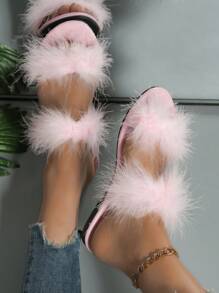 Sandalias Planas Decoradas Con Plumas Y Correa Peluda Para Mujer, Rosadas, Con Diseño Casual Redondo De Punta Sexy