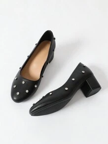 女士簡約風高跟泵鞋,鑲嵌鑽石裝飾,低領設計適用於夏季派對 - 黑色 - 查看 4