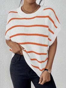 SHEIN LUNE Women's Loose Striped Short Sleeve Knitted Top - Orange - View 4