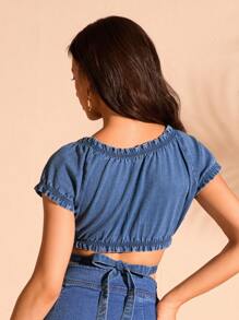 Forever 21 Casual Deep V Neck Criss-Cross Crop Denim Top In Blue - Dark Wash - View 2