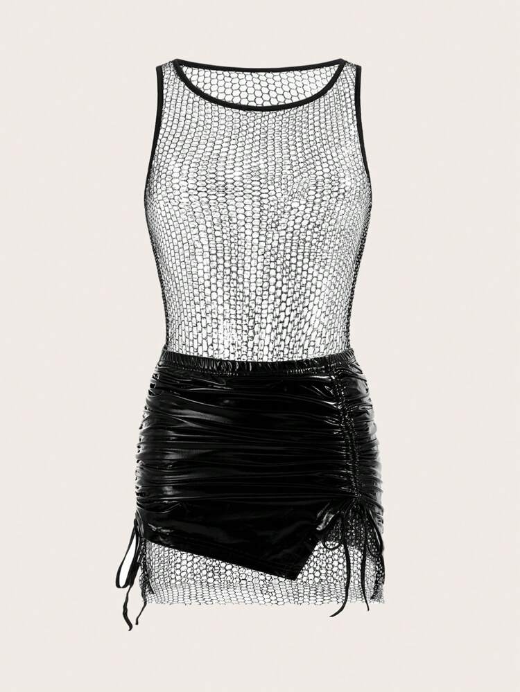 Sheer Perspective Glitter Mini Dress And Ruched Coated Asymmetrical Hem Mini Skirt With Drawstring Y2K Country Concert Outfits Going Party Women Dresses Outdate Night Outfit Going Out Black Summer Two Pieces Outfits