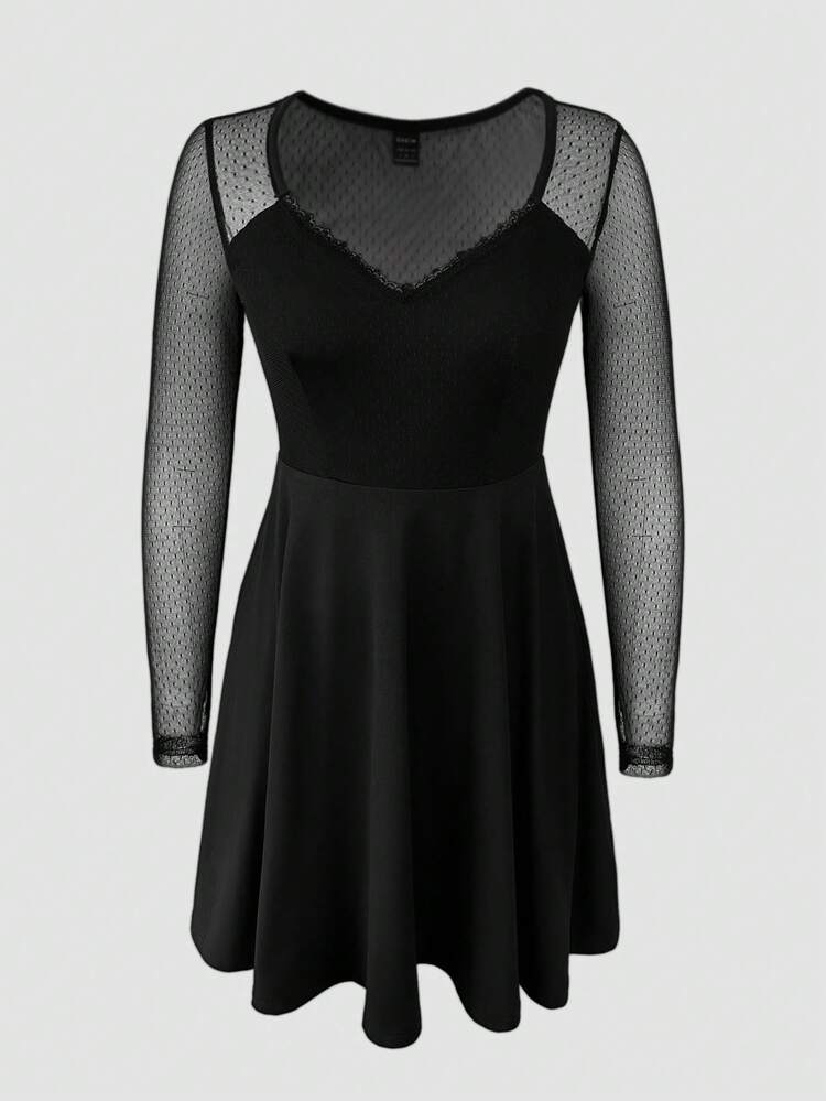 Women's Polka Dot Sheer Mesh V-Neck Sexy Patchwork Dress Fall Cloth For Women