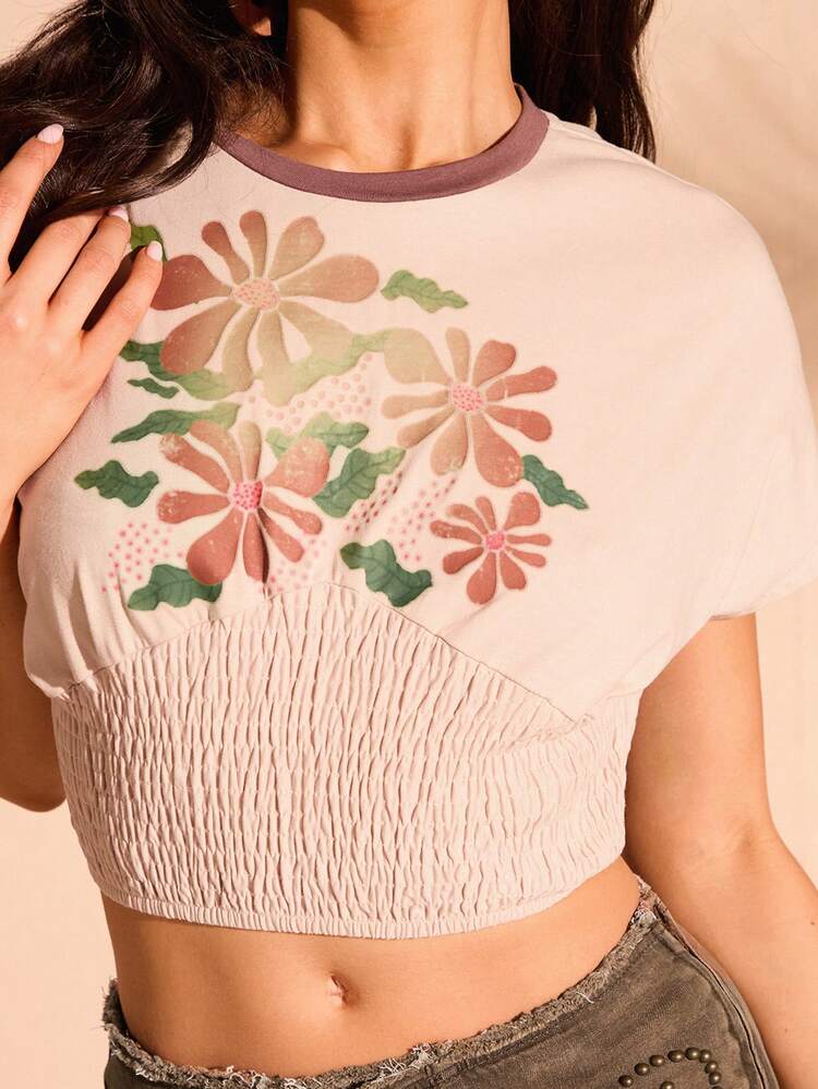 Women's Floral Print Shirred Loose Cropped T-Shirt