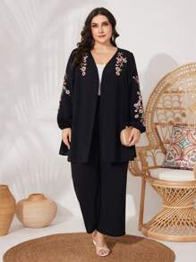 Mulvari Set da donna taglie forti con due pezzi, manica a lanterna con ricamo floreale - nero - Visualizzare 6