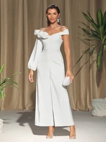 HEAVINZ LANE Mono de mujer con hombros descubiertos, piernas anchas y diseño de flor 3D con cintura ceñida, para vacaciones y festivales - Blanco - Ver 4