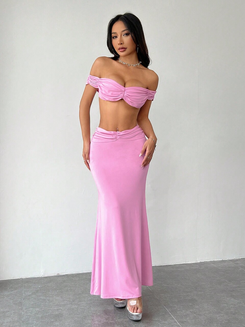 Solid Color Ruched Off Shoulder Ultra Crop Top And Fish Tail Hem Skirt