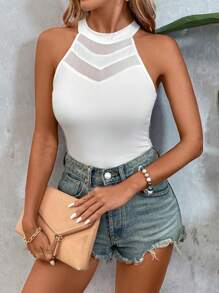 SHEIN LUNE 网眼撞色修身无袖背心 - 白色 - 查看 1