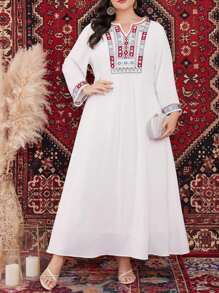Al Najma Plus Size Geometric Pattern Notched Neck Long Sleeve Dress