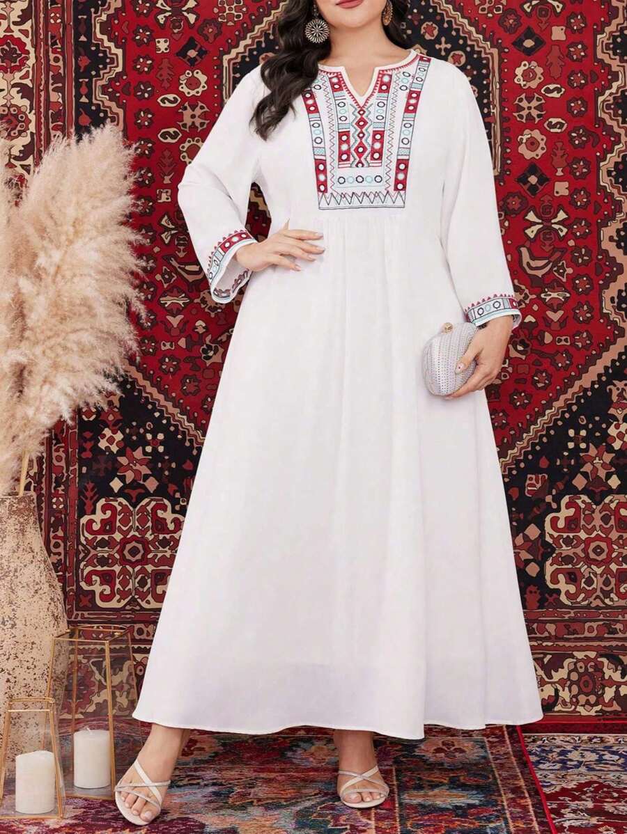 Al Najma Plus Size Geometric Pattern Notched Neck Long Sleeve Dress