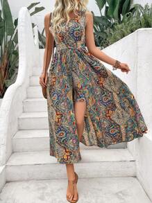 SHEIN LUNE 女性假期風格印花V領連身褲 - 彩色 - 查看 1