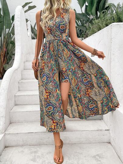 SHEIN LUNE Women's Vacation Style Paisley Printed V-Neck Romper