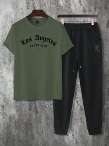Manfinity Homme 男士字母印花圓領短袖t恤和長褲套裝 - 軍綠色 - 查看 3