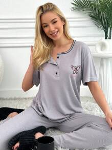 RueChic 2pcs/Set Women Cotton Butterfly Embroidered Homewear Pajama Set - Grey - View 5