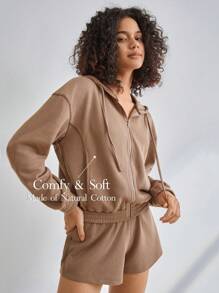 Ocili Leisure Zip Up Drawstring Hooded Lounge Top