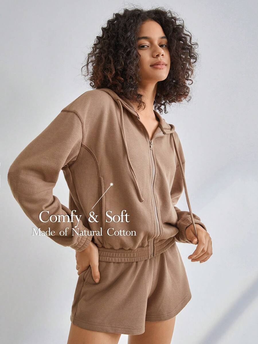 Ocili Leisure Zip Up Drawstring Hooded Lounge Top