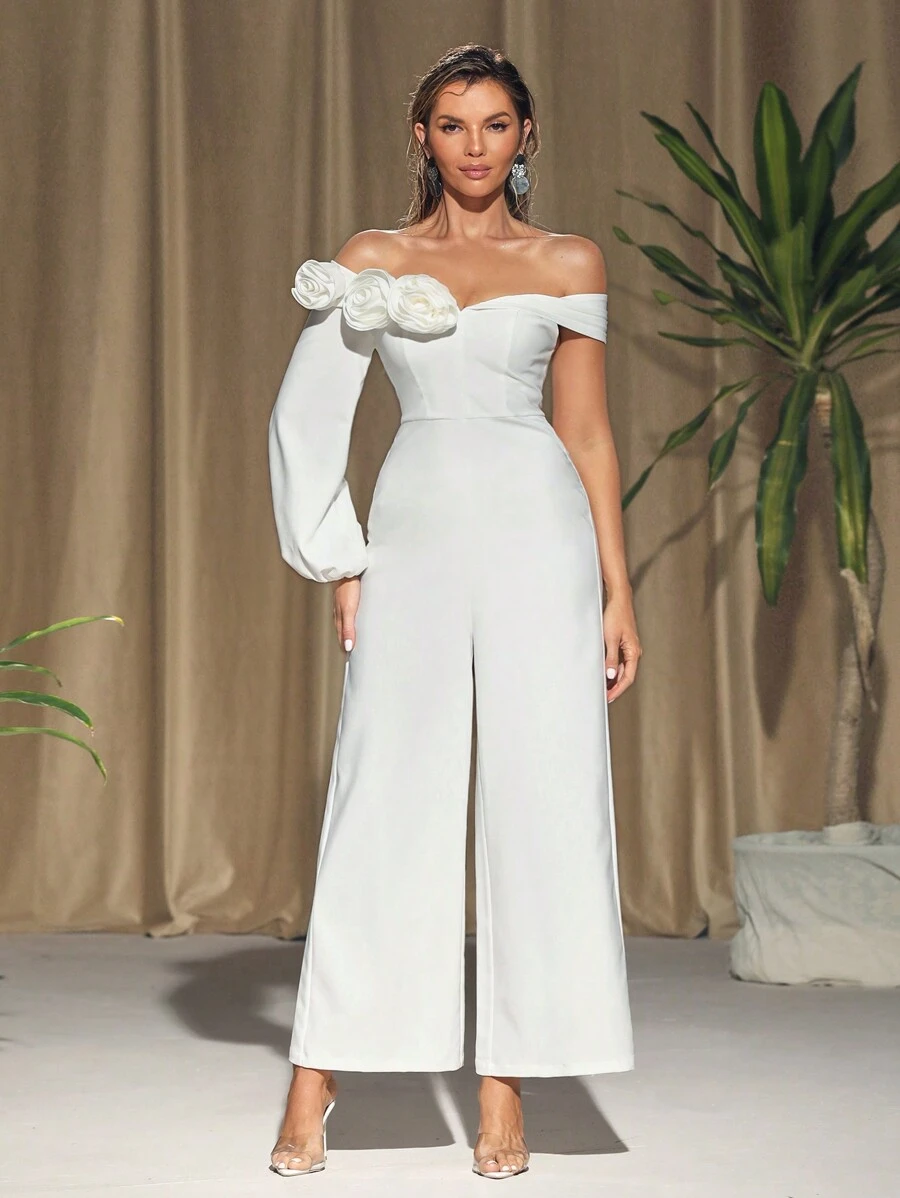 HEAVINZ LANE Mono de mujer con hombros descubiertos, piernas anchas y diseño de flor 3D con cintura ceñida, para vacaciones y festivales - Blanco - Ver 1