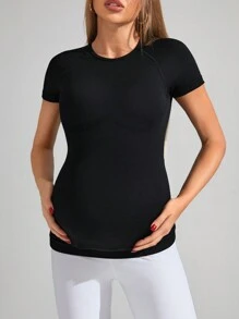SHEIN Maternity Solid Round Neck Raglan Sleeve Slim Fit T-Shirt - Black - View 6