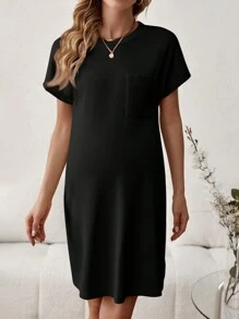 SHEIN Thai sản Vòng cổ Chất rắn Lỏng lẻo Đơn giản Đầm - màu đen - Xem 5