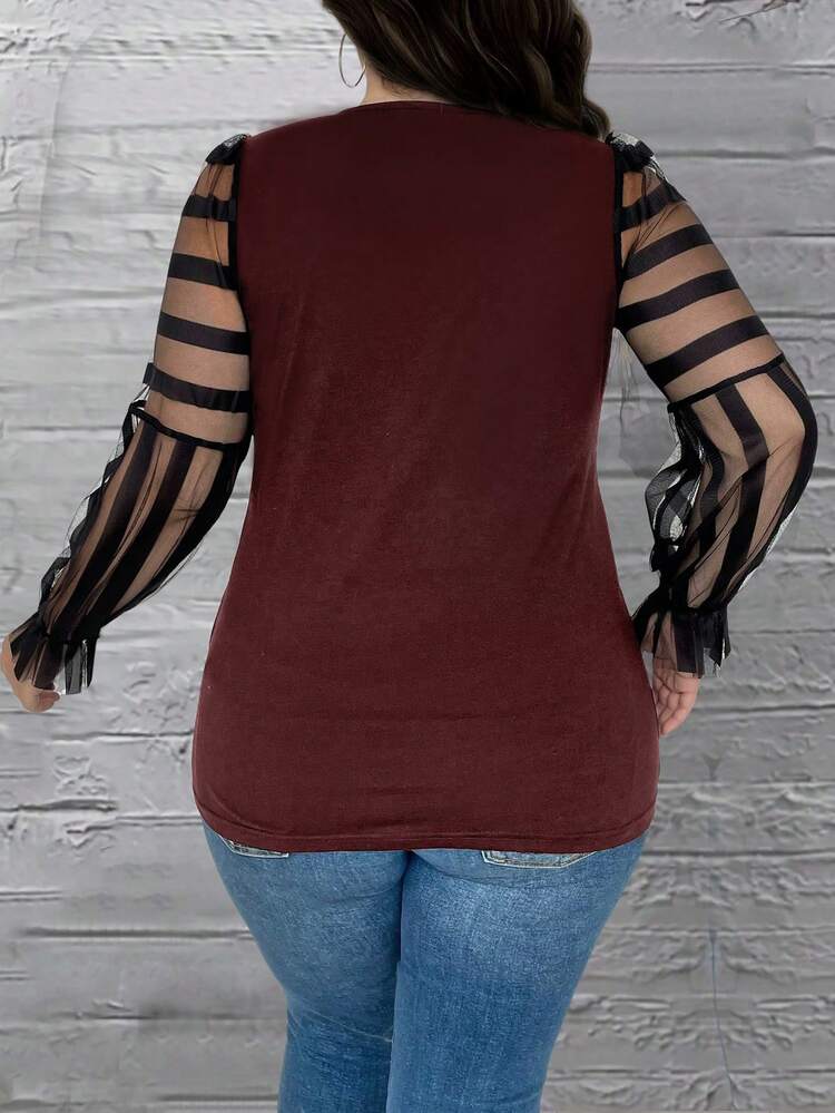 Women's Plus Size Contrast Color Striped Mesh Top With Patchwork