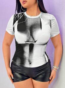 SHEIN ICON 夏季大码女式圆领短袖人体印花 T 恤 - 黑與白 - 查看 2