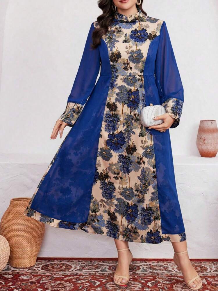Plus Size Floral Patchwork Print Tie Waist Long Sleeve Dress