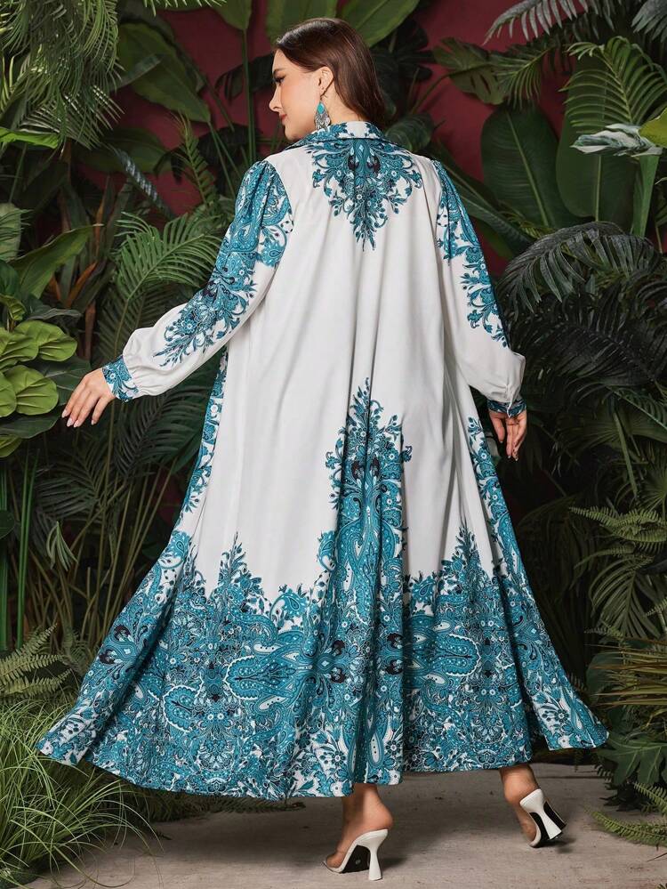 Plus Size Women's Printed Long Sleeve Shirt And Skirt Set