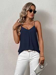 SHEIN LUNE Quý cô Màu thuần Lỏng lẻo Áo ba lỗ - Xanh đậm - Xem 3