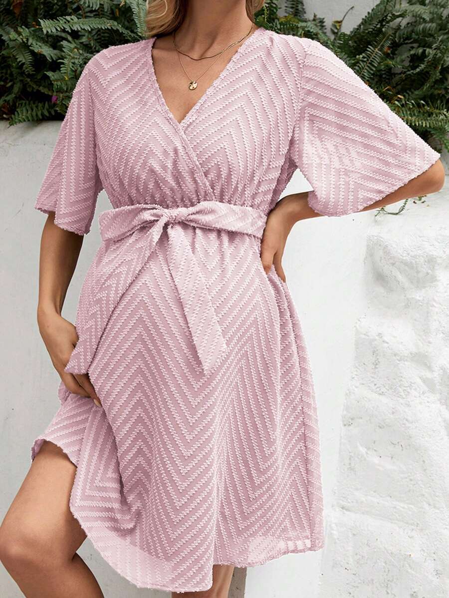 SHEIN Maternity Loose Fit V-Neck Casual Dress - Pink - View 1