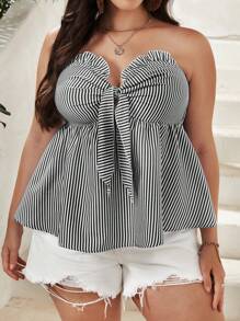 SHEIN VCAY 粗條紋印花打結前褶飾花邊圓管夏季上衣(大寬鬆尺寸) - 黑與白 - 查看 3