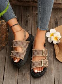 Sommer-keilsandalen Für Damen Mit Boho Druck, Dickem Absatz Und Fransen- Und Schnallendesign - Braun - Übersicht 3